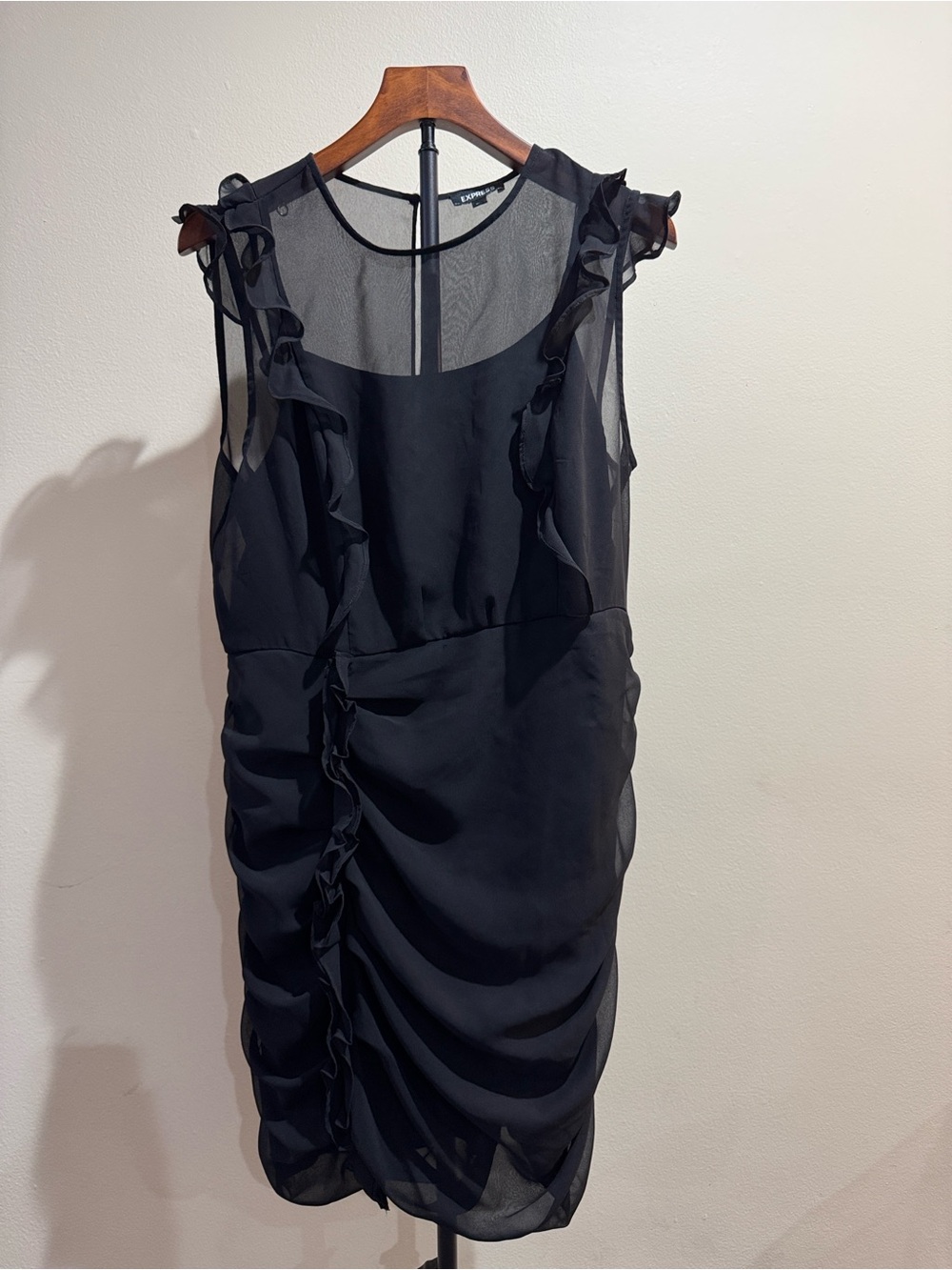 Express Black Sheer Chiffon Ruffle Ruched Bodycon Mini Dress (Size L)